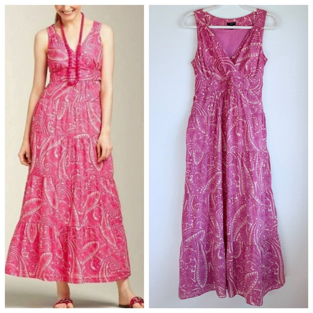 Talbots Petites 100% Cotton V-Neck Sleeveless Tiered Maxi Dress Pink Paisley 8P
